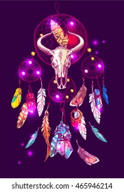 Beautiful hand drawn vector boho style illustration of dreamcatcher. Use for postcards, print for t-shirts, posters.