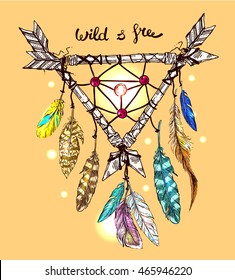 Beautiful hand drawn vector boho style illustration of dreamcatcher. Use for postcards, print for t-shirts, posters.