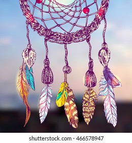 Beautiful hand drawn vector boho style illustration of dreamcatcher. Use for postcards, print for t-shirts, posters.