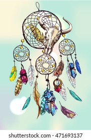 Beautiful hand drawn vector boho style illustration of dreamcatcher. Use for postcards, print for t-shirts, posters, wedding invitation, tissue, linens
