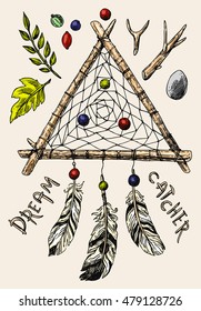Beautiful hand drawn vector boho style illustration of dreamcatcher. Use for postcards, print for t-shirts, posters, wedding invitation, tissue, linens
