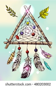 Beautiful hand drawn vector boho style illustration of dreamcatcher. Use for postcards, print for t-shirts, posters, wedding invitation, tissue, linens