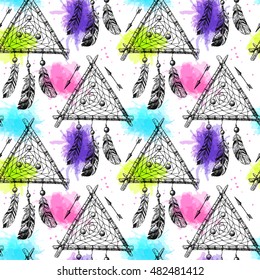 Beautiful hand drawn vector boho style illustration of dreamcatcher.Seamless pattern.  Use for postcards, print for t-shirts, posters, wedding invitation, tissue, linens