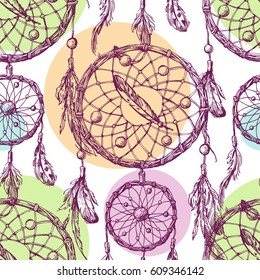 Beautiful hand drawn vector boho style illustration of dreamcatcher. Use for postcards, print for t-shirts, posters, wedding invitation, tissue, linens