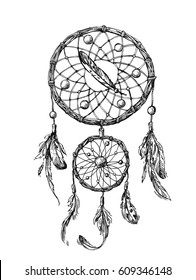 Beautiful hand drawn vector boho style illustration of dreamcatcher. Use for postcards, print for t-shirts, posters, wedding invitation, tissue, linens