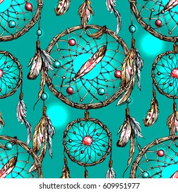 Beautiful hand drawn vector boho style illustration of dreamcatcher. Use for postcards, print for t-shirts, posters, wedding invitation, tissue, linens