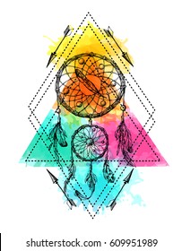 Beautiful hand drawn vector boho style illustration of dreamcatcher. Use for postcards, print for t-shirts, posters, wedding invitation, tissue, linens