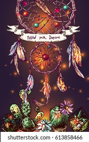 Beautiful hand drawn vector boho style illustration of dreamcatcher. Use for postcards, print for t-shirts, posters, wedding invitation, tissue, linens