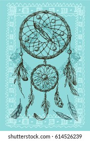 Beautiful hand drawn vector boho style illustration of dreamcatcher. Use for postcards, print for t-shirts, posters, wedding invitation, tissue, linens