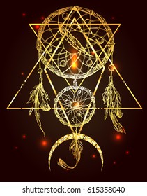 Beautiful hand drawn vector boho style illustration of dreamcatcher. Use for postcards, print for t-shirts, posters, wedding invitation, tissue, linens