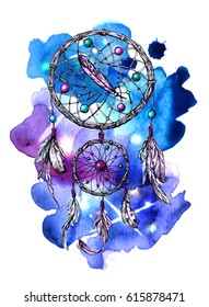 Beautiful hand drawn vector boho style illustration of dreamcatcher. Use for postcards, print for t-shirts, posters, wedding invitation, tissue, linens