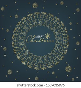 Beautiful hand drawn vector Christmas and New Year composition. Gold Stars, Christmas toys, salute, Christmas trees, snowflake, presents, snow in a circle on a blue background. Frame with copy space.