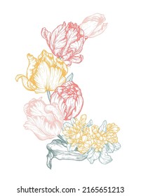Beautiful hand drawn vector composition with tulip flowers in gentle palette.