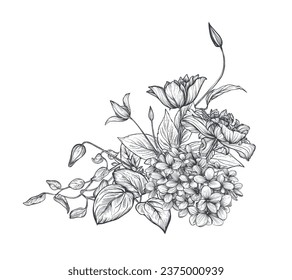 Beautiful hand drawn vector composition with black and white blooming garden flowers.