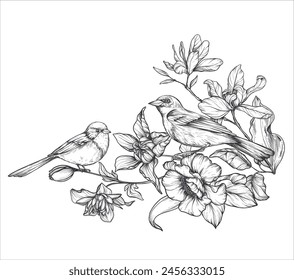 Beautiful hand drawn vector composition with black and white blooming spring garden flowers, butterflies.
