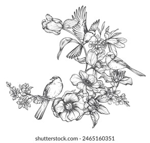 Beautiful hand drawn vector composition with black and white blooming spring garden flowers, birds.