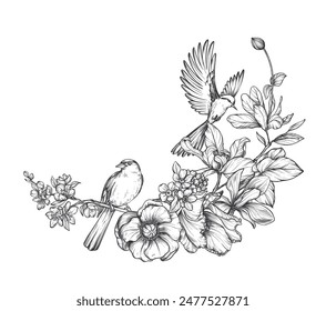 Beautiful hand drawn vector composition with black and white blooming spring garden flowers, birds.