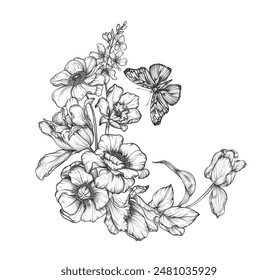 Beautiful hand drawn vector composition with black and white blooming spring garden flowers, butterflies.