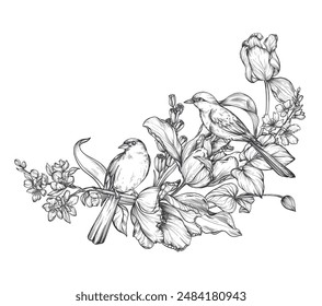 Beautiful hand drawn vector composition with black and white blooming spring garden flowers, birds.
