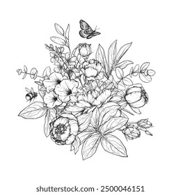 Beautiful hand drawn vector composition with black and white blooming peonies and other garden flowers, bumblebee, butterfly.