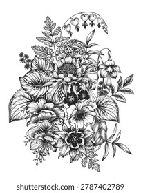 Beautiful hand drawn vector composition with black and white unusual blooming flowers on white background.