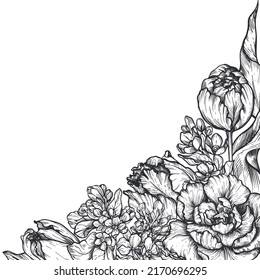 Beautiful hand drawn vector corner composition with black and white tulip flowers.