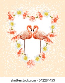 Hermoso diseño vectorial hecho a mano con flamingo, hibisco, plumeria. Perfecto para fondos de escritorio, fondos de página web, texturas superficiales, textiles, tarjetas.
