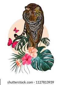  Beautiful hand drawn vector floral summer pattern background with tropical palm leaves, tiger, flowers, butterflies. Perfect for wallpapers, web page backgrounds, surface textures, textile.