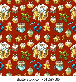 Beautiful hand drawn vector food seamless pattern christmas sweets. Use for postcard, card, invitations and decorations.