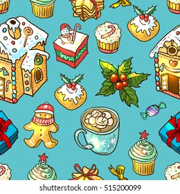 Beautiful hand drawn vector food illustration christmas sweets. Use for postcard, card, invitations and christmas decorations.