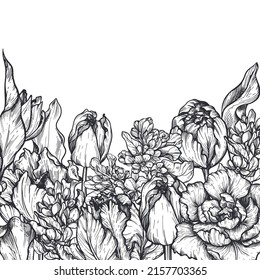 Beautiful hand drawn vector frame with black and white tulip flowers.