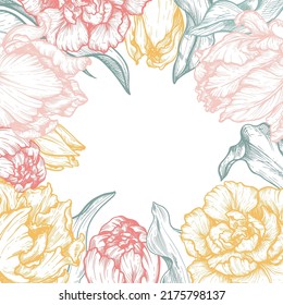 Beautiful hand drawn vector frame with tulip flowers in gentle palette.