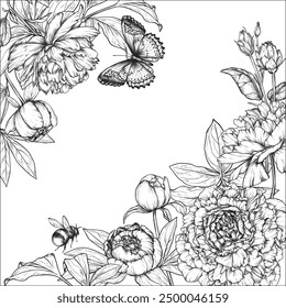 Beautiful hand drawn vector frame with black and white blooming peonies and other garden flowers, butterfly, bumblebee.