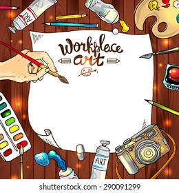 Beautiful hand drawn vector frame workplace art