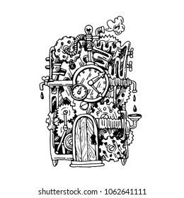 Beautiful hand drawn vector graphic illustration mechanical element. Steampunk style drawing.