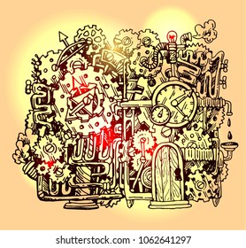 Beautiful hand drawn vector graphic illustration mechanical element. Steampunk style drawing.