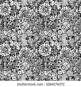 Beautiful hand drawn vector graphic illustration mechanical element. Steampunk style drawing. Seamless pattern