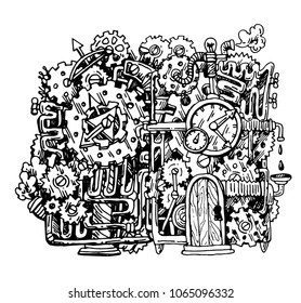 Beautiful hand drawn vector graphic illustration mechanical element. Steampunk style drawing.