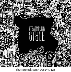 Beautiful hand drawn vector graphic illustration mechanical frame. Steampunk style drawing.