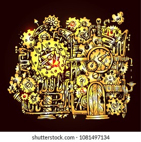 Beautiful hand drawn vector graphic illustration mechanical illustration. Steampunk style drawing.