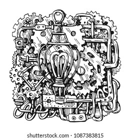 Beautiful hand drawn vector graphic illustration mechanical element. Steampunk style drawing.