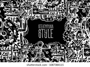 Beautiful hand drawn vector graphic illustration mechanical element. Steampunk style drawing.