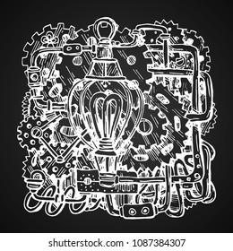 Beautiful hand drawn vector graphic illustration mechanical element. Steampunk style drawing.