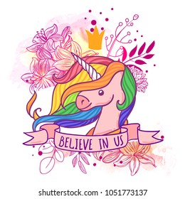 Beautiful hand drawn vector illustration unicorn. Cartoon style. Good for baby clothes. 