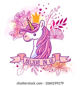 Beautiful hand drawn vector illustration unicorn. Cartoon style. Good for baby clothes. 