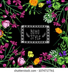 Beautiful hand drawn vector illustration floral pattern. Boho style flowers for your design. 