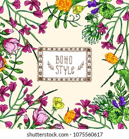 Beautiful hand drawn vector illustration floral pattern. Boho style flowers for your design. 