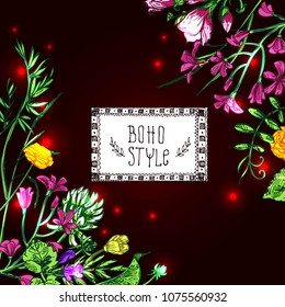 Beautiful hand drawn vector illustration floral pattern. Boho style flowers for your design. 