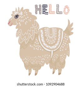 Beautiful hand drawn vector illustration of llama with lettering word hello in scandinavian style isolated on white. Simple sweet kids nursery illustration. Graphic design for apparel print.