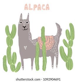 Beautiful hand drawn vector illustration of llama and cacti with lettering word alpaca in Scandinavian style isolated on white. Simple sweet kids nursery illustration. Graphic design for apparel print